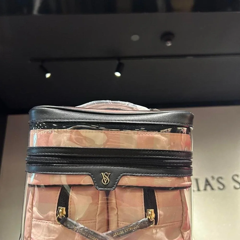 Victoria's Secret pink & black clear 4 in 1 train case makeup  bag